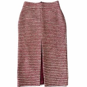 Mixed Red and White Tweed Midi Pencil Skirt with Front Slit and back zipper 36